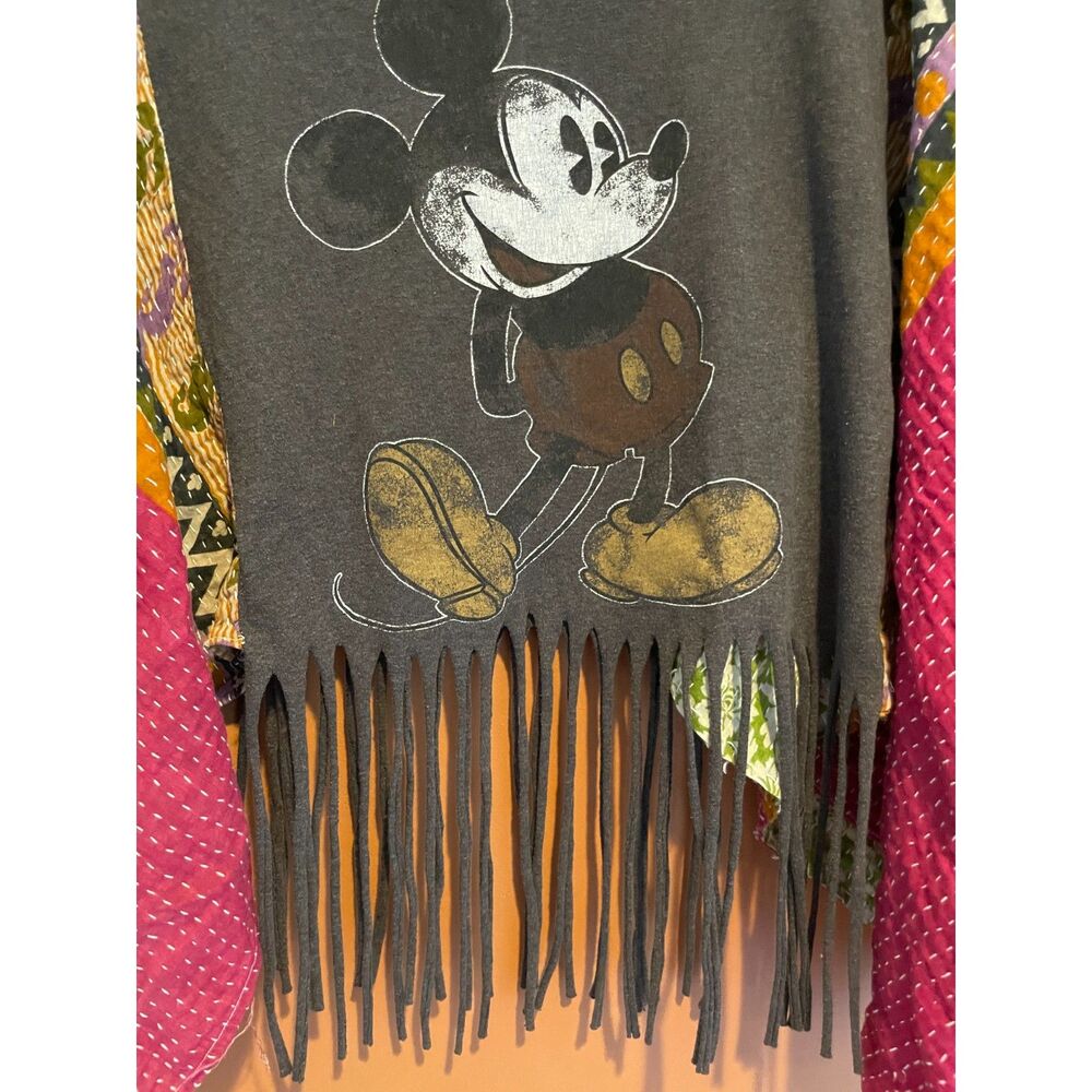 Upcycled Mickey Mouse Fringe Top Patchwork Bell Sleeve Boho Festival Oversized - Picture 2 of 3